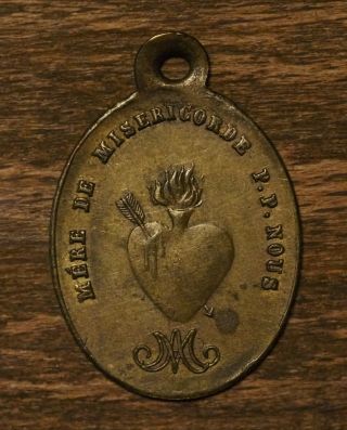 Antique Religious Bronze Medal Pendant Mother Of Mercy Pray For Us Chevremont B