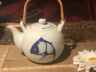 Asian Porcelain Blue & White Koi Fish Tea Pot W/lid 6 1/2 " X5 1/4 "