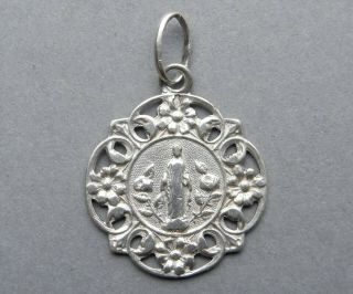 Saint Virgin Mary.  Antique Religious Little Silver Pendant.  French Medal.