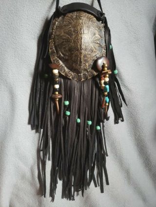 Handmade Turtle Shell Black Leather Deerskin Bag Pouch Beaded Fringe Turquoise