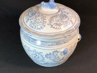Vintage Ginger Jar Urn Chinese Blue & White Porcelain Pottery Foo Dog Lid 8.  5”