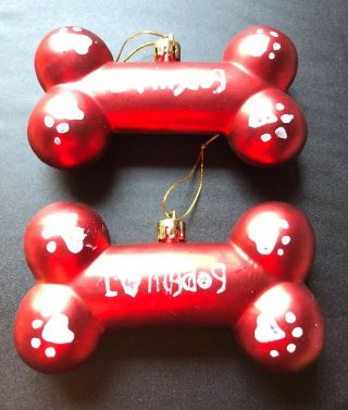 Dog Bone Pair Red Ornaments - Pet " I Love My Dog " Puppy Paw Print Design 4”