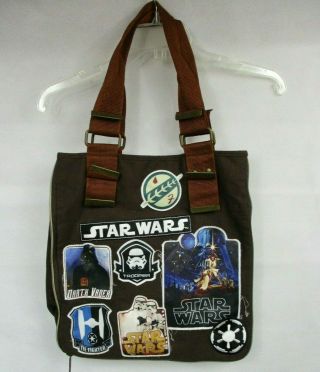 Disney Parks Star Wars Brown Carry Tote Bag Patches Zippers Expandable Yoda