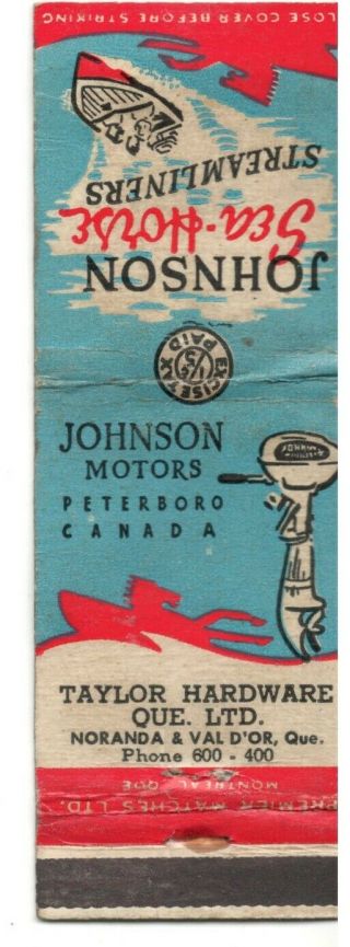 Johnson Sea Horse Outboard Motor Matchbook Cover Taylor Hdware Peterboro Canada