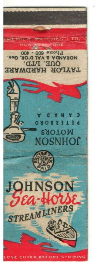 Johnson Sea Horse Outboard Motor Matchbook Cover Taylor Hdware Peterboro Canada 2