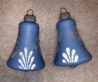 Set Of 2 Christmas By Krebs Glass Ornaments Baby Blue Bells With Glitter