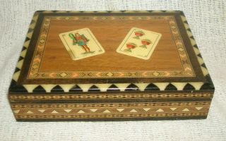 Vintage Dual - Deck Playing Card Wood Box With Inlay Inlaid Spain