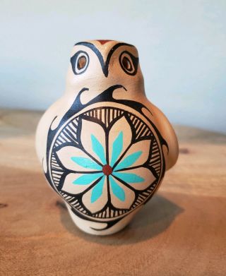 Native American Pueblo Clay Pottery Vtg Owl Bird Figurine Signed Chinana Jemez