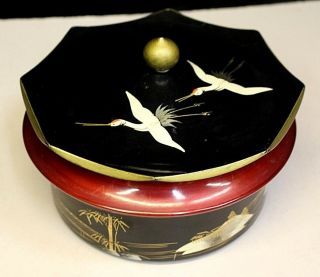 Vintage Japanese Round Lacquer Black Red Gold Trinket Box With Cover