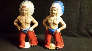 Vtg Occupied Japan Pair 6 " Indian Chiefs Wr Feather Head Dress Shirtless Chaps