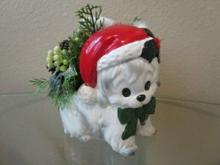 Vintage White Puppy Dog Santa Claus Hat Ceramic Christmas Planter