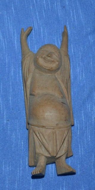 Vintage Laughing Buddha Wood Carved Figure Small Happy Dance Travel Size Office