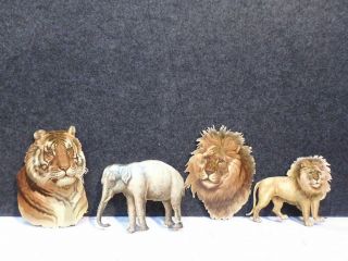4 Large Antique Embossed Victorian Lions Tiger Elephant 9 " Die Cuts