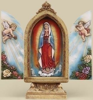 Lady Guadalupe Triptych Figurine Statue Holy Mother With Cherubs