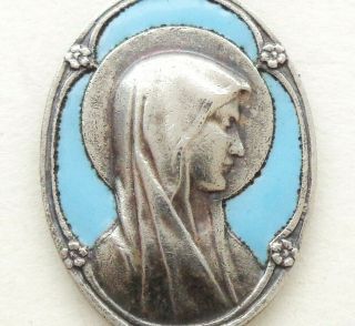 Art Nouveau Antique Turquoise Enamel Medal Pendant To Holy Virgin Mary