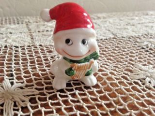 Vintage Tiny White Christmas Frog In Santa Hat & Scarf With Harp 1 3/4 " Tall