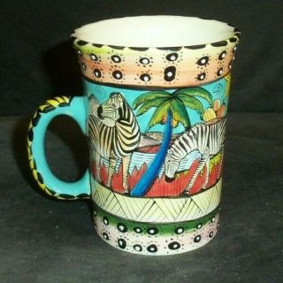 Penzo Zimbabwe Hand Painted African Pottery Coffee Mug Giraffe Zebra Cheetah
