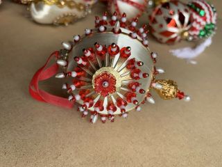 10 Vintage Satin Red Green Pearl Beaded Sequined Christmas Ornaments Ball