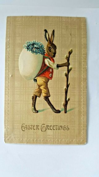 Post Card Easter Rabbit With Walking Stick Pussy Willow Humanized