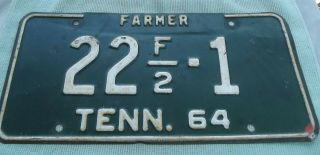 1964 Tennessee Weakley County Tn Farmers License Plate [22 F/2 - 1 Tenn.  64]