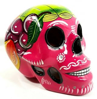 Day Of The Dead Muertos Sugar Skull - Large Multi - Color Ceramic Pink W/ Fruit Art