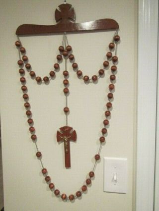 Giant Rosary Wall Hanging Decor With Wooden Beads And Crucfix