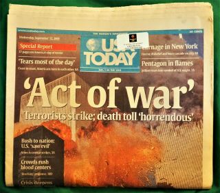 Usa Today Sept 12,  2001 9/11 Sept 11 Act Of War Full Print Newspaper,