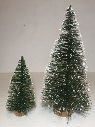 Set Of 2 Vintage Bottle Brush Flocked Christmas Tree W/ Snow 8” & 4 3/4” Tall