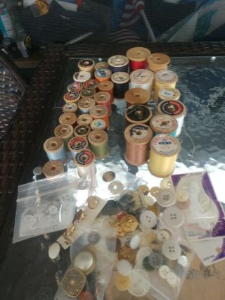 36 Vintage Wooden Spools Of Thread Plus Vintage Buttons