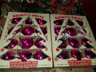 2 Vintage Full Box (12 Ea) Christmas Shiny Brite Hot Pink Glass Round Ornaments
