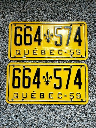 1959 Yom Pair Quebec License Plate Tag Number 664 574 Vintage Pq Qc