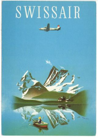 Swissair Airline Of Switzerland Postcard Prop Plane Fly - Over Alps,  Chalet,  Wave