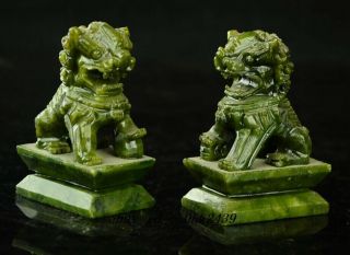 Rare A Pair 100 China Natural Jade Hand - Carved Statues Of Pixiu Dragon