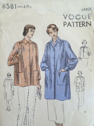 Vogue 6581 Vintage 50s 1951 Smock Bed Jacket Pattern Bust 38 - 40 Size L Volup
