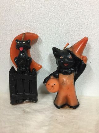Vtg 1950 Gurley Novelty Black Cat W/jack - O - Lantern Orange Moon Halloween Candles