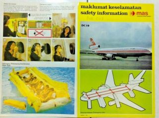 Airline Safety Card Vintage Dc10 Malaysia Airlines Collectible