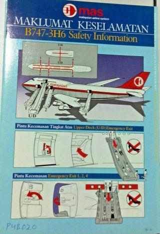 Airline Safety Card Vintage B747 - 3h6 Malaysia Airlines Collectible