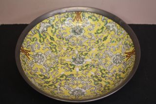 Vintage Decorative Japanese Ware Porcelain Bowl Encased In Pewter 7 3/4 " Yellow