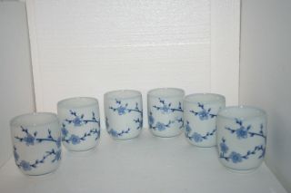 Vtg Oriental Art Pottery Blue & White Porcelain Teapot Set 6 Cups Prunus Branch 2