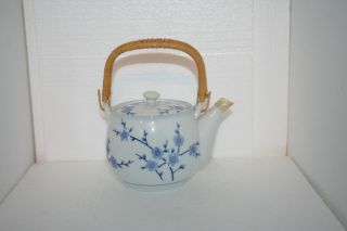 Vtg Oriental Art Pottery Blue & White Porcelain Teapot Set 6 Cups Prunus Branch 4