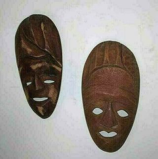 2 Wooden African Small Tribal Masks Wall Decor Tiki Face