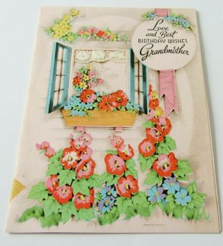 Vtg Greeting Card Open Window Lace Curtain Flowers For Grandmother