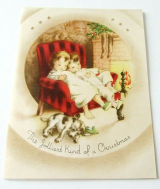 Vintage Christmas Card Kids Asleep On Chair W Puppy Waiting For Santa Fireplace
