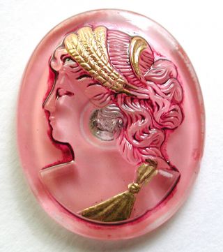 Lg Oval Glass Button Back Painted Cameo W/ Gold Luster & Tint - 1 & 1/4 "
