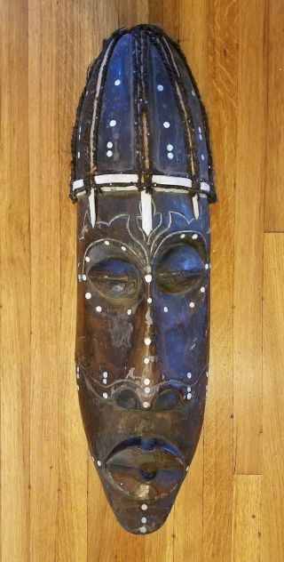 Large Vintage African Hand Carved Wood And Mixed Media Tribal Mask Wall Decor