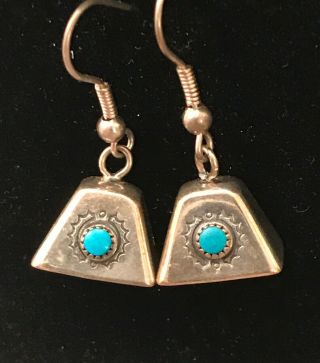 Old Navajo Stamped Sterling Silver & Turquoise Handmade Mother - In - Law Earrings