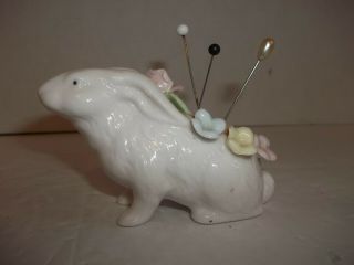 Vintage Rabbit Bunny Pin Cushion Porcelain White Pastel Flowers 3.  5 " Long