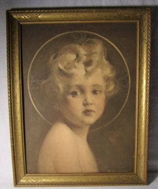 Antique Lithograph " The Light Of The World Child " Jesus By C.  Bosseron Chambers