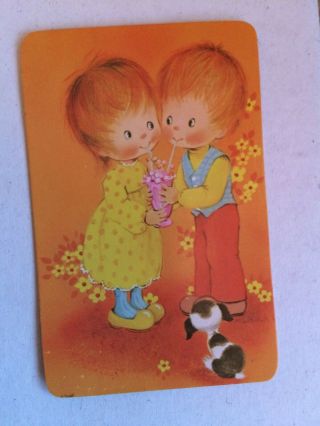 Vintage Swap / Playing Card - Girl & Boy Sharing Drink - Blank Back