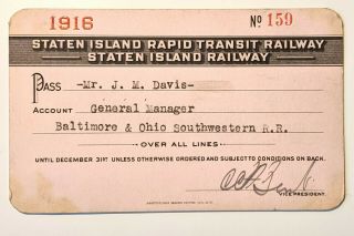 1916 Staten Island Rapid Transit Railway Annual Pass J M Davis C C F Bent